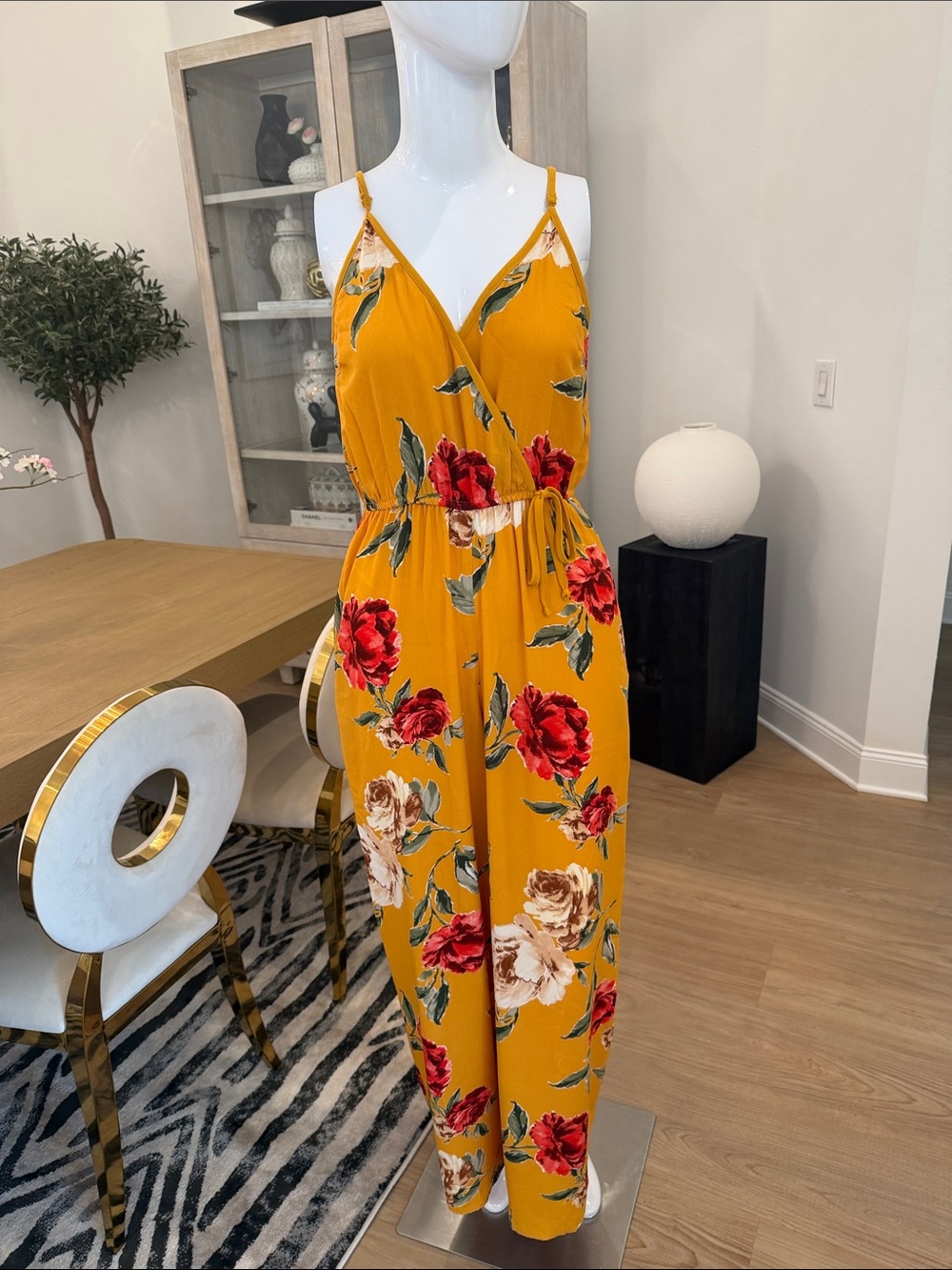 Floral Wrap Jumpsuit - Mustard Yellow